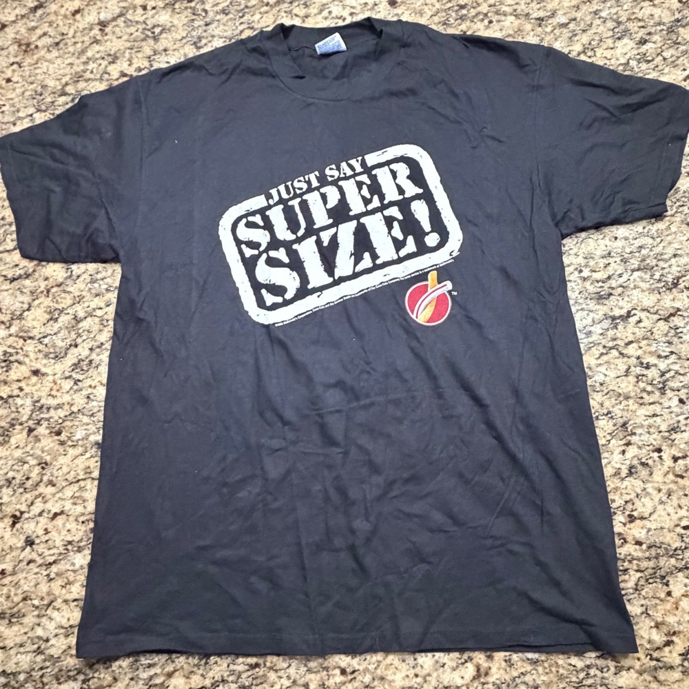 Vintage 1999 McDonalds Coca-Cola Just Say Super Size T-Shirt Mens XL Hanes Black